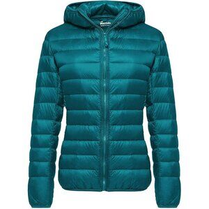 Women's Teal Blue Short Down Hooded Puffer Jacket Coat Fabric Packable Ultra